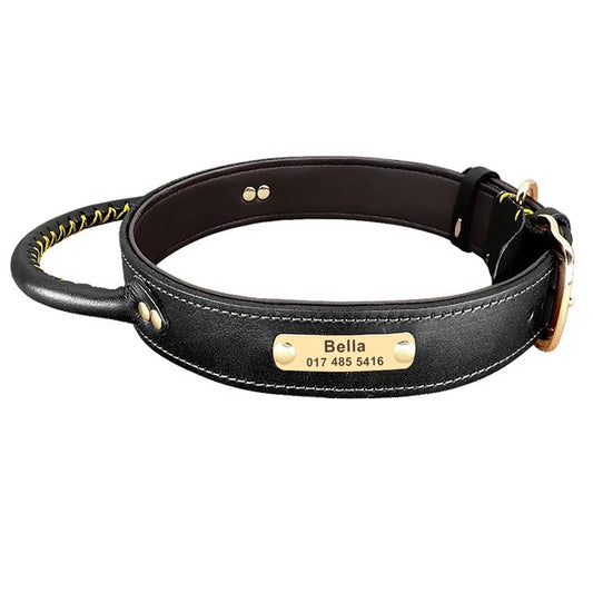 PetAffairs Custom Leather Pet Collar with Free Engraved Nameplate and Handle