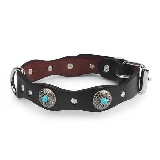 PetAffairs Ethnic Retro Leather Pet Collar with Flower Pattern and Beads
