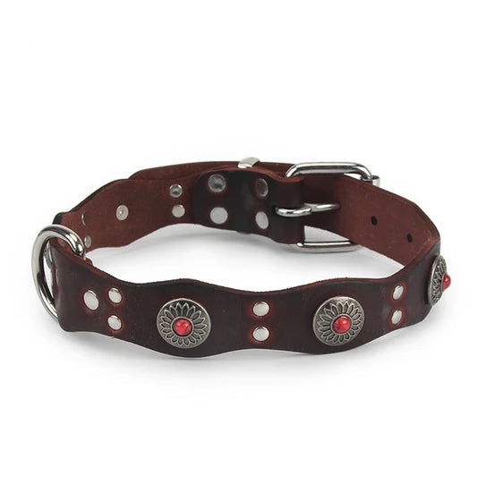 PetAffairs Ethnic Retro Leather Pet Collar with Flower Pattern and Beads